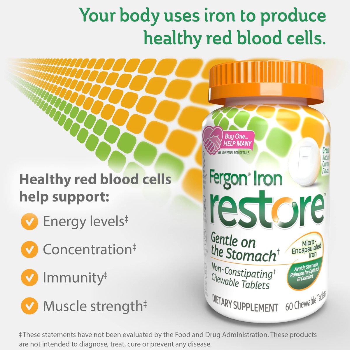 Fergon Eisen Restore Kautabletten – Sanft zum Magen, nicht verstopfend – 27 mg Eisen für Energieunterstützung – 60 Tabletten