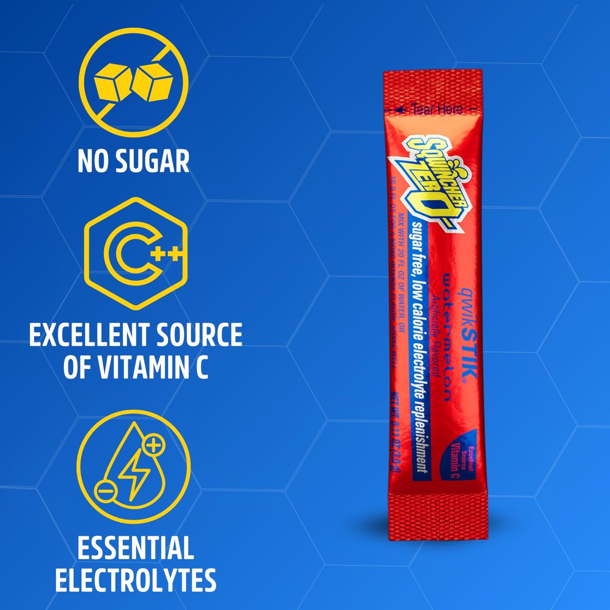 Sqwincher Zero Qwik Stik – Wassermelone, Zuckerfrei, Kalorienarm, Natriumarm, Elektrolyt-Pulver für Hydration, 0,11 oz Beutel (50er-Pack)