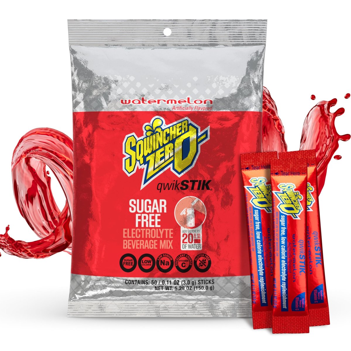 Sqwincher Zero Qwik Stik – Wassermelone, Zuckerfrei, Kalorienarm, Natriumarm, Elektrolyt-Pulver für Hydration, 0,11 oz Beutel (50er-Pack)