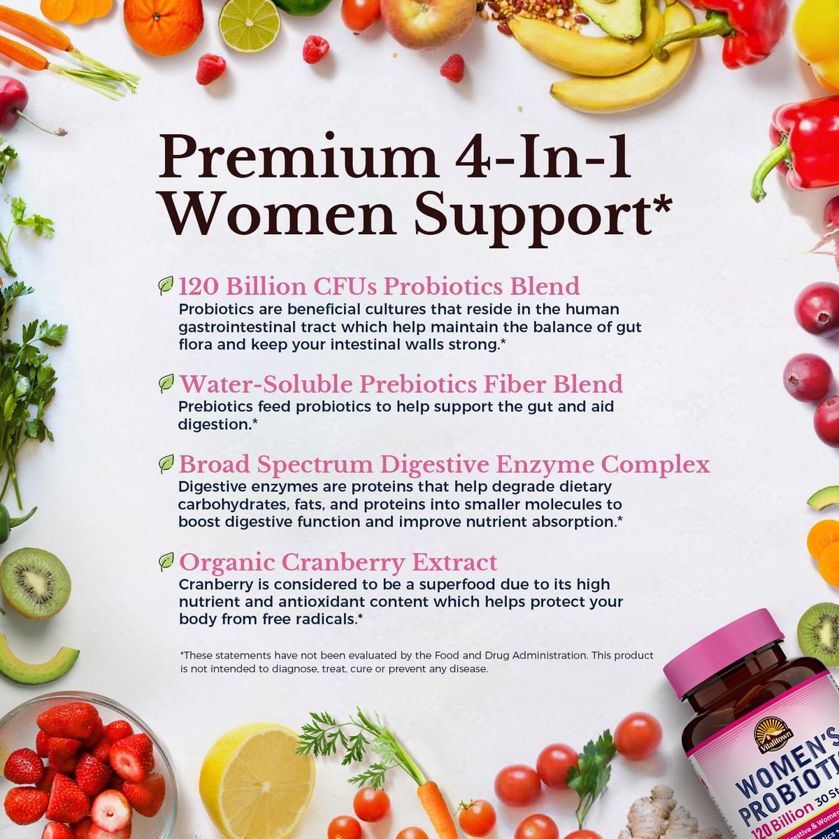 Vitalitown Probiotika für Frauen – 120 Milliarden KBE, 30 Stämme, mit Präbiotika, Verdauungsenzyme & Cranberry, für Darm- & Vaginalgesundheit, vegan, 30 Kapseln (1er-Pack) mit verzögerter Freisetzung