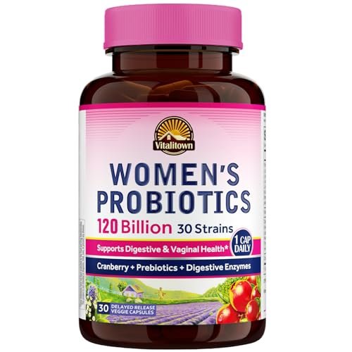 Vitalitown Probiotika für Frauen – 120 Milliarden KBE, 30 Stämme, mit Präbiotika, Verdauungsenzyme & Cranberry, für Darm- & Vaginalgesundheit, vegan, 30 Kapseln (1er-Pack) mit verzögerter Freisetzung