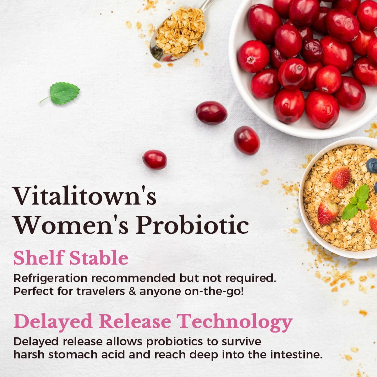 Vitalitown Probiotika für Frauen – 120 Milliarden KBE, 30 Stämme, mit Präbiotika, Verdauungsenzyme & Cranberry, für Darm- & Vaginalgesundheit, vegan, 30 Kapseln (1er-Pack) mit verzögerter Freisetzung