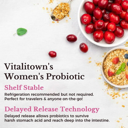 Vitalitown Probiotika für Frauen – 120 Milliarden KBE, 30 Stämme, mit Präbiotika, Verdauungsenzyme & Cranberry, für Darm- & Vaginalgesundheit, vegan, 30 Kapseln (1er-Pack) mit verzögerter Freisetzung