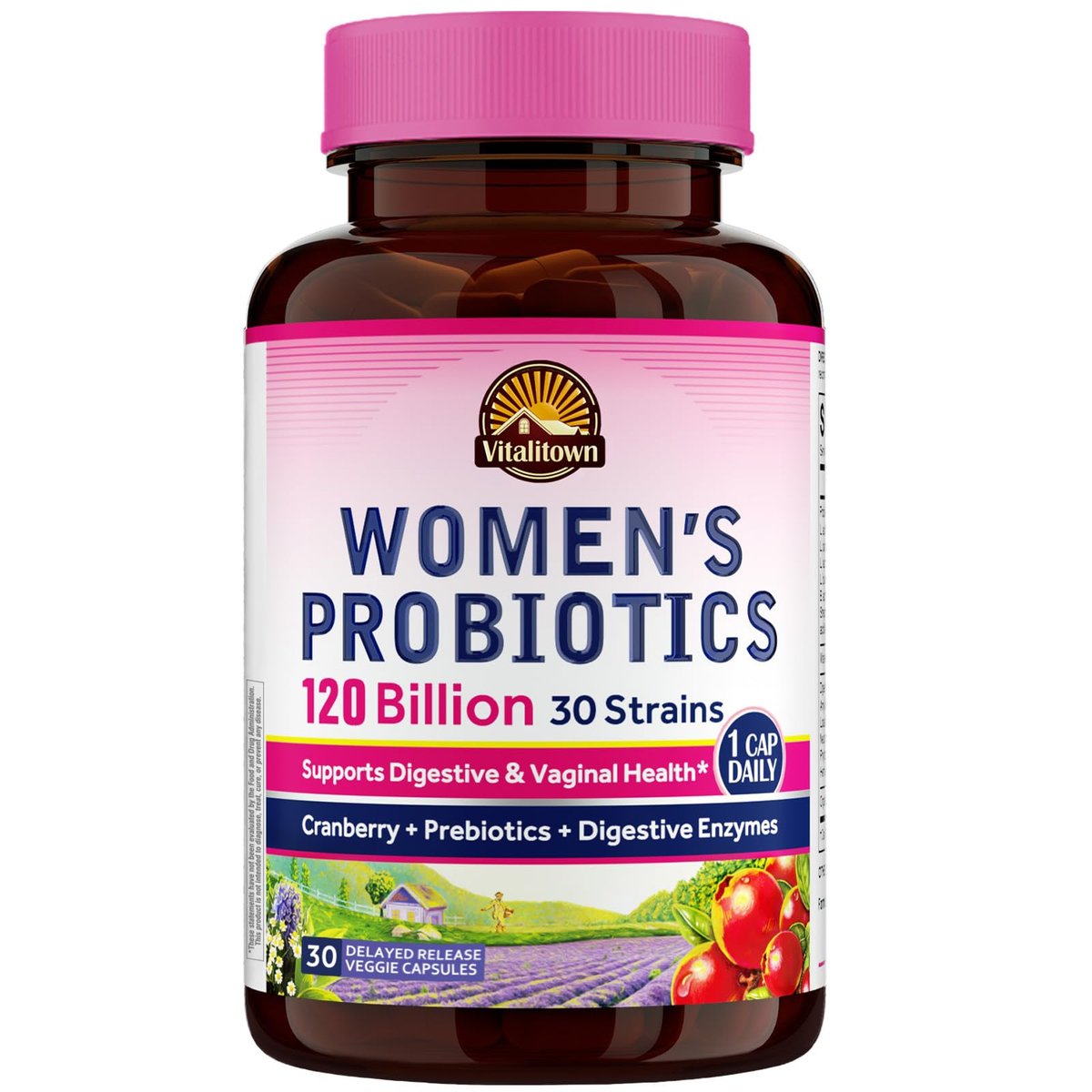 Vitalitown Probiotika für Frauen – 120 Milliarden KBE, 30 Stämme, mit Präbiotika, Verdauungsenzyme & Cranberry, für Darm- & Vaginalgesundheit, vegan, 30 Kapseln (1er-Pack) mit verzögerter Freisetzung