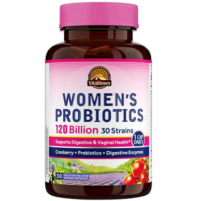 Vitalitown Probiotika für Frauen – 120 Milliarden KBE, 30 Stämme, mit Präbiotika, Verdauungsenzyme & Cranberry, für Darm- & Vaginalgesundheit, vegan, 30 Kapseln (1er-Pack) mit verzögerter Freisetzung