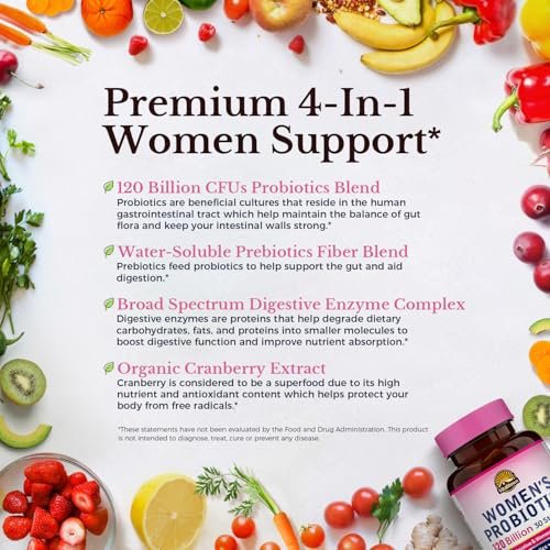 Vitalitown Probiotika für Frauen – 120 Milliarden KBE, 30 Stämme, mit Präbiotika, Verdauungsenzyme & Cranberry, für Darm- & Vaginalgesundheit, vegan, 30 Kapseln (1er-Pack) mit verzögerter Freisetzung