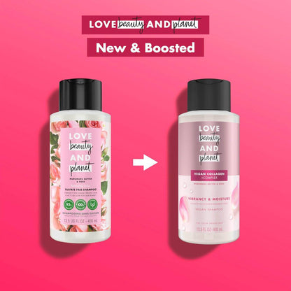 Love Beauty and Planet Vegan Collagen Feuchtigkeitsshampoo Murumurubutter & Rose 4er-Pack für coloriertes Haar, 400 ml