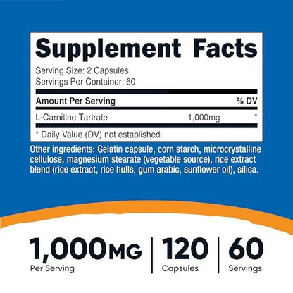 Nutricost L-Carnitin Tartrat 1000mg, 120 Kapseln - 500mg pro Kapsel (60 Portionen)