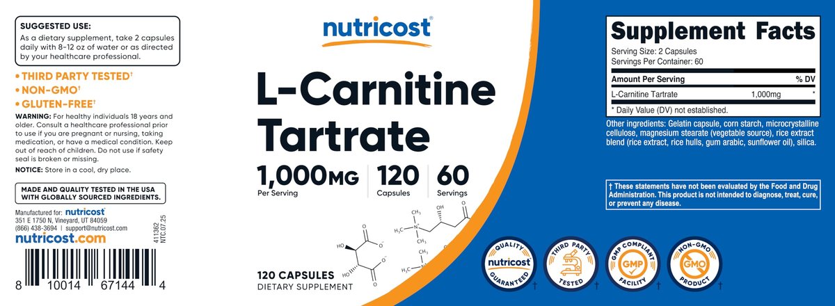 Nutricost L-Carnitin Tartrat 1000mg, 120 Kapseln - 500mg pro Kapsel (60 Portionen)