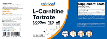 Nutricost L-Carnitin Tartrat 1000mg, 120 Kapseln - 500mg pro Kapsel (60 Portionen)