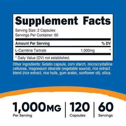 Nutricost L-Carnitin Tartrat 1000mg, 120 Kapseln - 500mg pro Kapsel (60 Portionen)