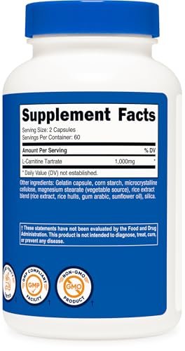 Nutricost L-Carnitin Tartrat 1000mg, 120 Kapseln - 500mg pro Kapsel (60 Portionen)