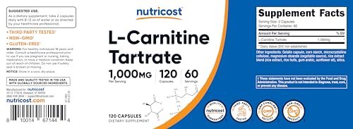 Nutricost L-Carnitin Tartrat 1000mg, 120 Kapseln - 500mg pro Kapsel (60 Portionen)