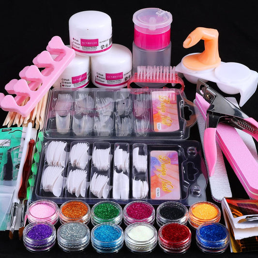 Acryl-Nagelset für Anfänger mit allem Drum und Dran, Komplettes DIY Nagelverlängerungsset mit 3 Grundfarben & 12 Glitzerpulvern, Keine UV-Lampe erforderlich, Salonqualität Geschenkbox für Frauen und Mädchen