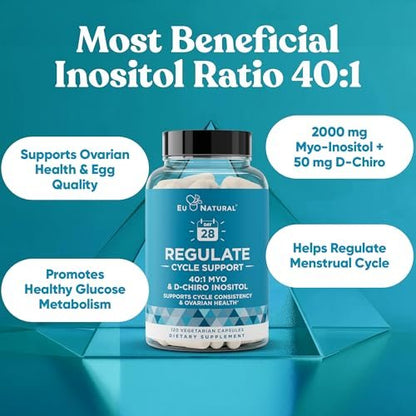 Regulate Cycle Support – Hormonbalance für Frauen mit optimalem 40:1 Myo-Inositol 2000 mg & D-Chiro Inositol 50 mg – Nahrungsergänzungsmittel für Zyklusregelmäßigkeit, Menstruations- & Eisprungunterstützung – 120 vegane Kapseln
