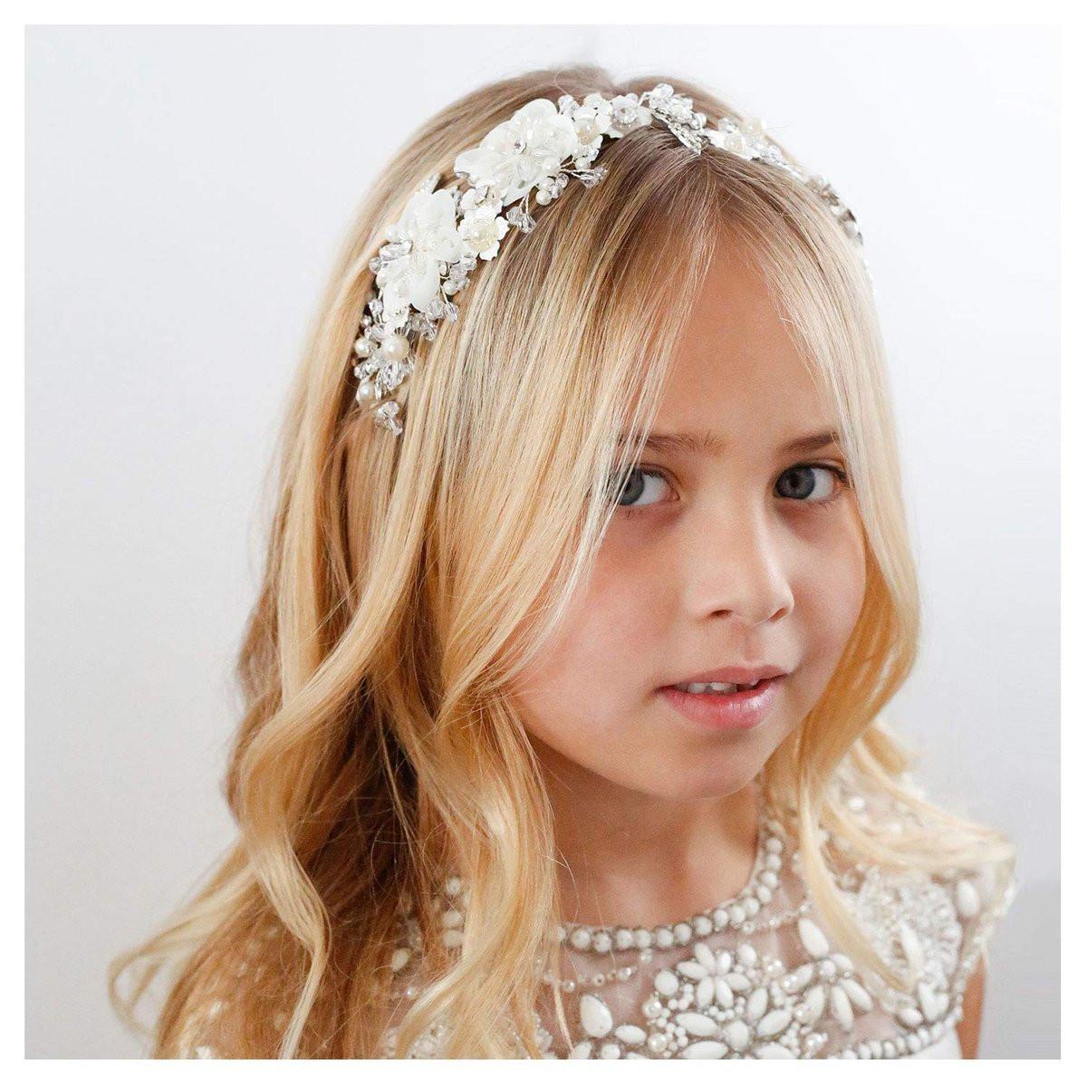 SWEETV Blumenkopfschmuck für Mädchen – Elfenbein Tüll Blumen Stirnband mit Perlen, Prinzessin Haaraccessoire für Geburtstagsfeier, Erstkommunion
