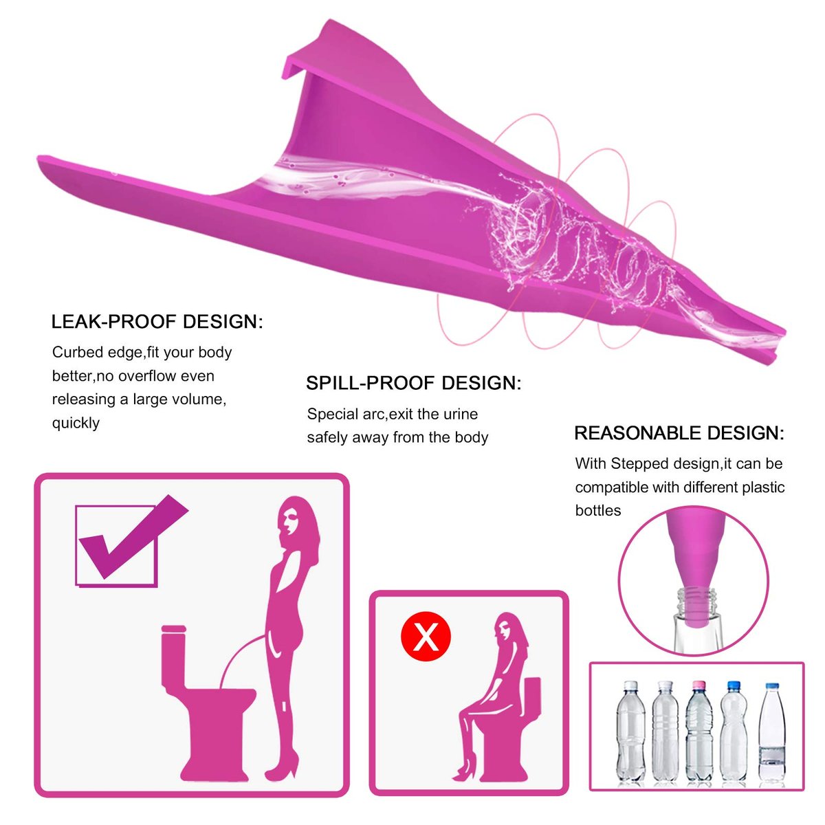 Sunany Damen-Urinal, wiederverwendbarer Silikon-Pinkelfunnel für Frauen, ermöglicht stehendes Urinieren, ideal für den Innenbereich (Pink)