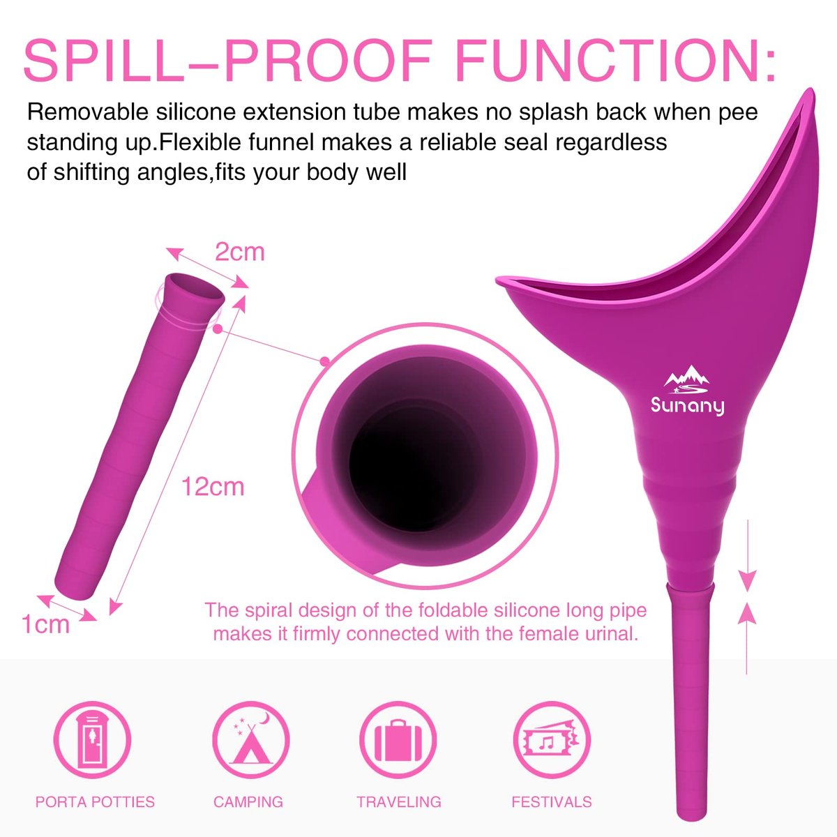 Sunany Damen-Urinal, wiederverwendbarer Silikon-Pinkelfunnel für Frauen, ermöglicht stehendes Urinieren, ideal für den Innenbereich (Pink)