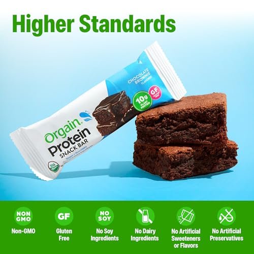 Orgain Bio Vegane Proteinriegel, Schokoladen-Brownie – 10g pflanzliches Protein, kalorienarmer Snack, laktose- und sojafrei, glutenfrei, nicht-GVO – 1,41 oz (Packung mit 12)