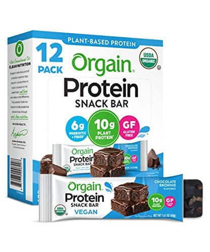 Orgain Bio Vegane Proteinriegel, Schokoladen-Brownie – 10g pflanzliches Protein, kalorienarmer Snack, laktose- und sojafrei, glutenfrei, nicht-GVO – 1,41 oz (Packung mit 12)