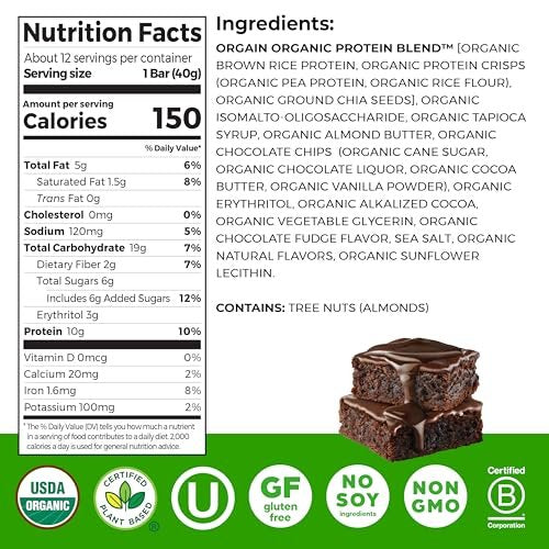 Orgain Bio Vegane Proteinriegel, Schokoladen-Brownie – 10g pflanzliches Protein, kalorienarmer Snack, laktose- und sojafrei, glutenfrei, nicht-GVO – 1,41 oz (Packung mit 12)