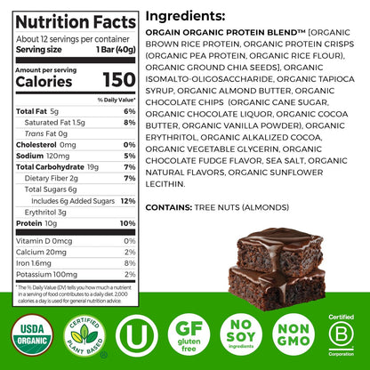 Orgain Bio Vegane Proteinriegel, Schokoladen-Brownie – 10g pflanzliches Protein, kalorienarmer Snack, laktose- und sojafrei, glutenfrei, nicht-GVO – 1,41 oz (Packung mit 12)
