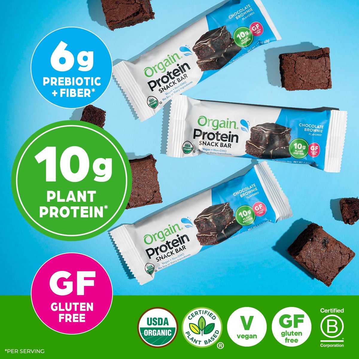 Orgain Bio Vegane Proteinriegel, Schokoladen-Brownie – 10g pflanzliches Protein, kalorienarmer Snack, laktose- und sojafrei, glutenfrei, nicht-GVO – 1,41 oz (Packung mit 12)