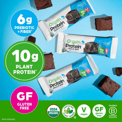 Orgain Bio Vegane Proteinriegel, Schokoladen-Brownie – 10g pflanzliches Protein, kalorienarmer Snack, laktose- und sojafrei, glutenfrei, nicht-GVO – 1,41 oz (Packung mit 12)