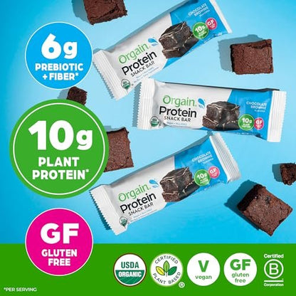Orgain Bio Vegane Proteinriegel, Schokoladen-Brownie – 10g pflanzliches Protein, kalorienarmer Snack, laktose- und sojafrei, glutenfrei, nicht-GVO – 1,41 oz (Packung mit 12)