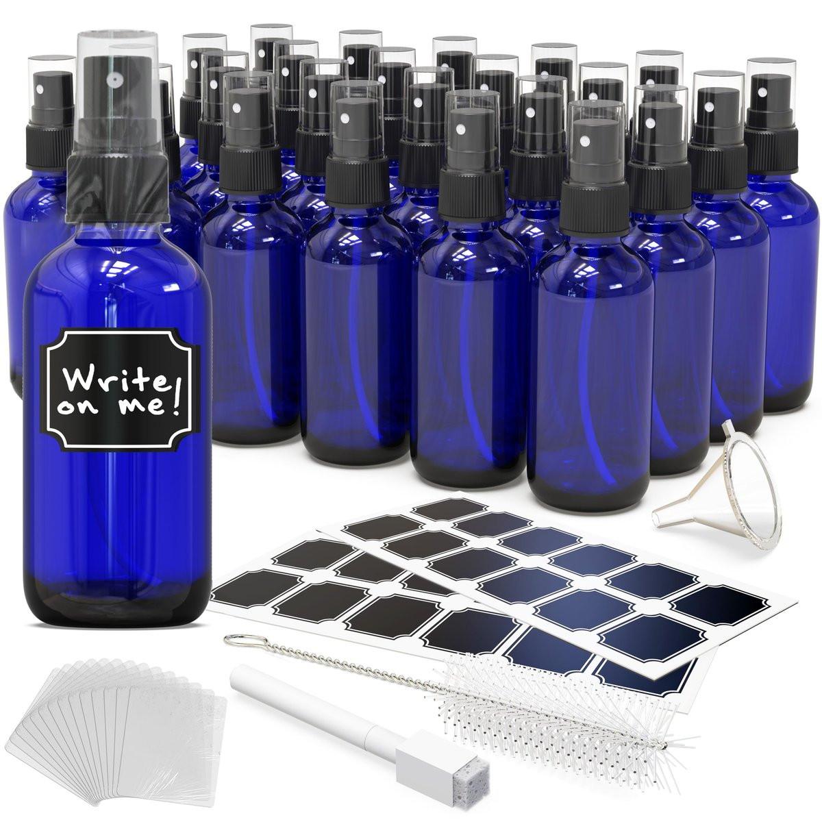 Nevlers Blaue Glassprühflaschen 4 oz 24er-Pack | Mini-Sprühflaschen-Set mit Etiketten, Marker, Trichter, Bürste & Umhüllung | Blaue Flaschen für Gesichts- und Haarpflege | Praktische 4 oz Flaschen für ätherische Öle