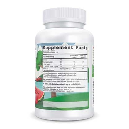 Nordic Naturals Vitamin D3 Gummies für Kinder, Wild Watermelon Splash – 120 Gummis – 400 IE Vitamin D3 – Knochengesundheit, gesundes Immunsystem – Nicht-GMO, vegetarisch – 120 Portionen