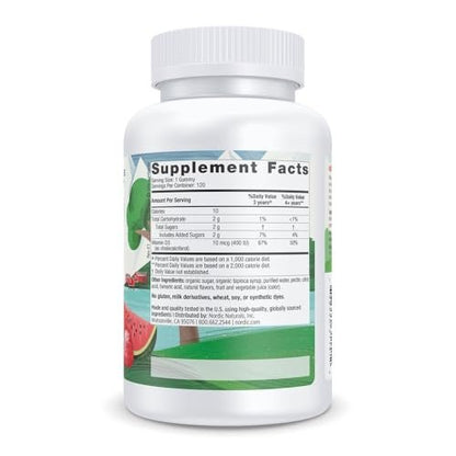 Nordic Naturals Vitamin D3 Gummies für Kinder, Wild Watermelon Splash – 120 Gummis – 400 IE Vitamin D3 – Knochengesundheit, gesundes Immunsystem – Nicht-GMO, vegetarisch – 120 Portionen