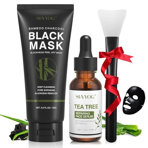SHVYOG Blackhead Peel Off Gesichtsmaske, 3-in-1 Mitesser Entferner Maske mit Pinsel & Teebaumöl Serum, Aktivkohle Maske für Tiefenreinigung von Schmutz, Poren, Hautfett (100g+30ml)
