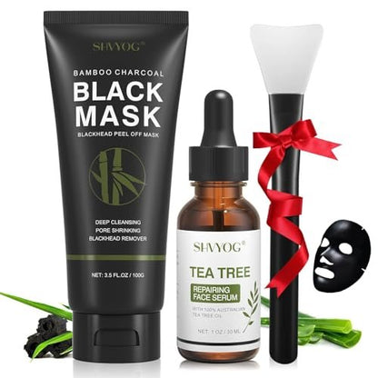 SHVYOG Blackhead Peel Off Gesichtsmaske, 3-in-1 Mitesser Entferner Maske mit Pinsel & Teebaumöl Serum, Aktivkohle Maske für Tiefenreinigung von Schmutz, Poren, Hautfett (100g+30ml)