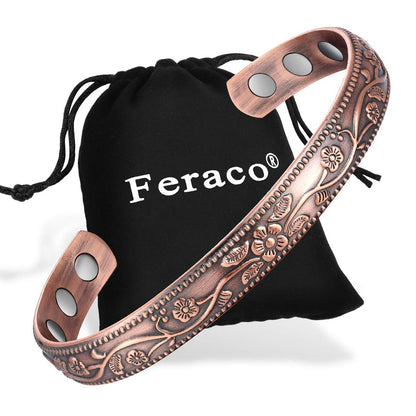 Feraco Kupferarmband für Damen – Ultra starkes Magnetarmband, 99,99 % reines Kupfer, verstellbar, Vintage-Blumenkollektion