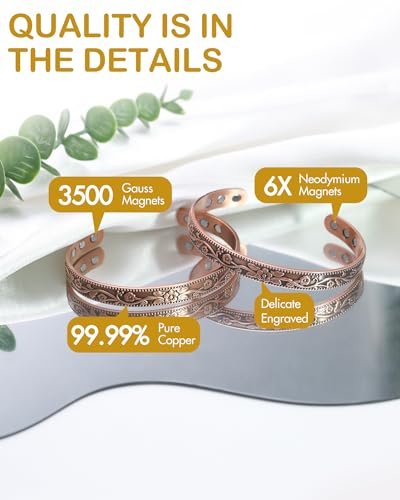Feraco Kupferarmband für Damen – Ultra starkes Magnetarmband, 99,99 % reines Kupfer, verstellbar, Vintage-Blumenkollektion