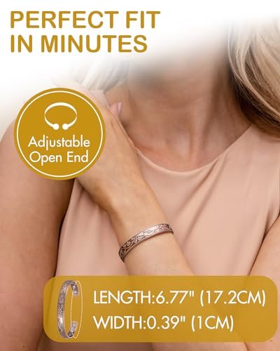 Feraco Kupferarmband für Damen – Ultra starkes Magnetarmband, 99,99 % reines Kupfer, verstellbar, Vintage-Blumenkollektion
