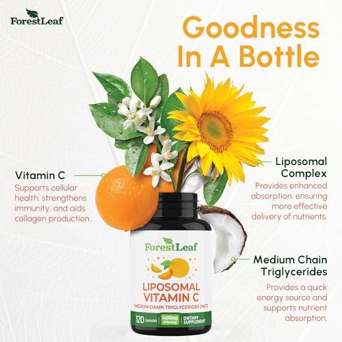 ForestLeaf Liposomales Vitamin C 1400mg Kapseln - Hochdosiertes Vitamin C mit Kokosöl-Fettsäuren für schnelle Aufnahme - Unterstützt Immunsystem, Antioxidans, Kollagenproduktion - 120 vegane Kapseln