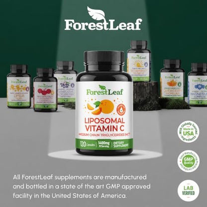 ForestLeaf Liposomales Vitamin C 1400mg Kapseln - Hochdosiertes Vitamin C mit Kokosöl-Fettsäuren für schnelle Aufnahme - Unterstützt Immunsystem, Antioxidans, Kollagenproduktion - 120 vegane Kapseln