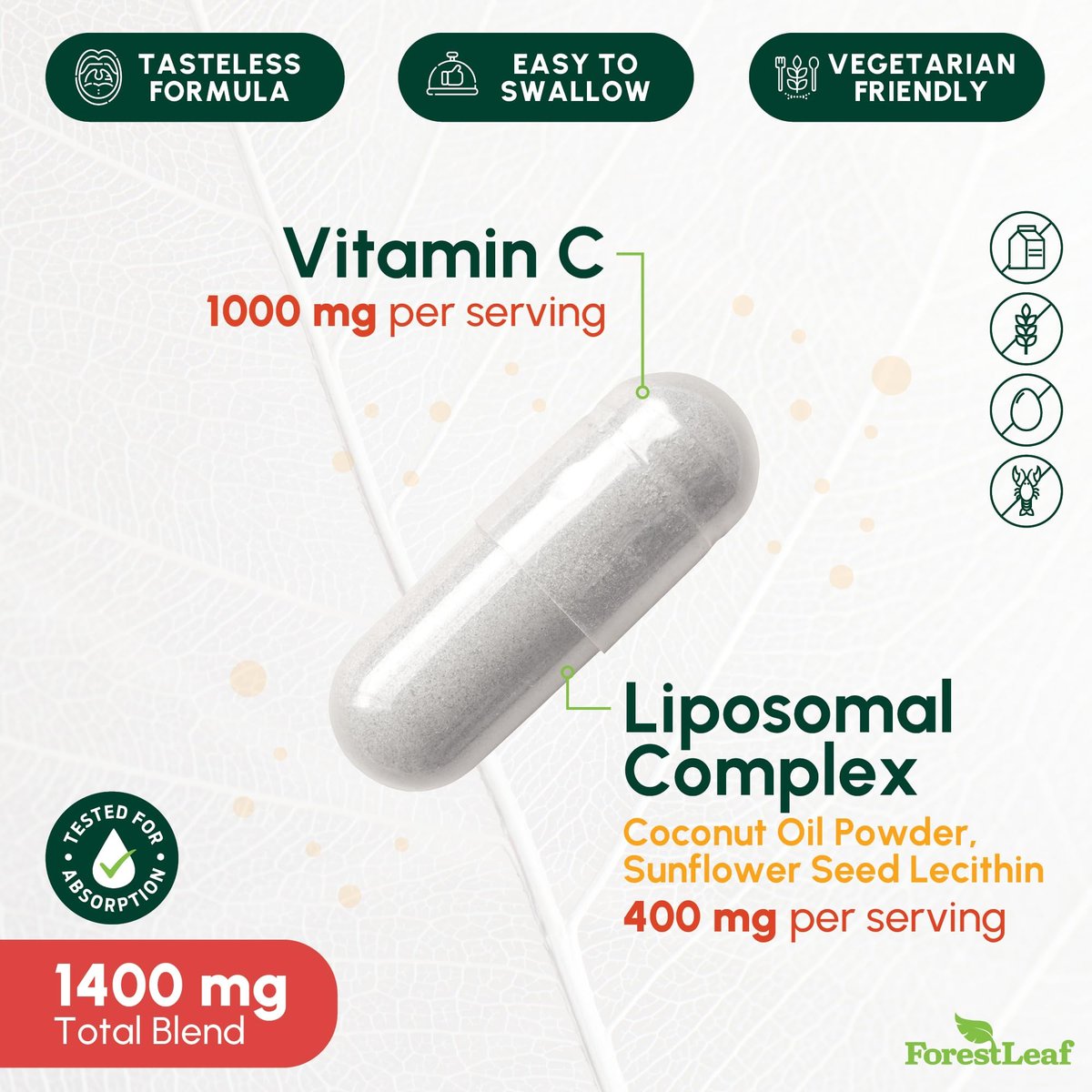 ForestLeaf Liposomales Vitamin C 1400mg Kapseln - Hochdosiertes Vitamin C mit Kokosöl-Fettsäuren für schnelle Aufnahme - Unterstützt Immunsystem, Antioxidans, Kollagenproduktion - 120 vegane Kapseln