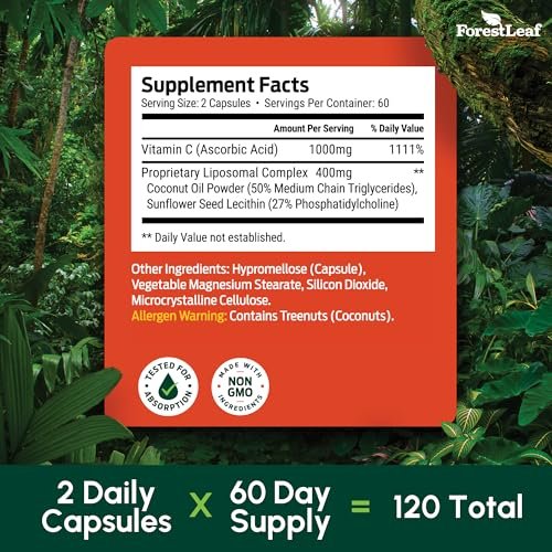 ForestLeaf Liposomales Vitamin C 1400mg Kapseln - Hochdosiertes Vitamin C mit Kokosöl-Fettsäuren für schnelle Aufnahme - Unterstützt Immunsystem, Antioxidans, Kollagenproduktion - 120 vegane Kapseln