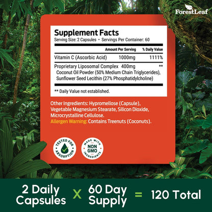 ForestLeaf Liposomales Vitamin C 1400mg Kapseln - Hochdosiertes Vitamin C mit Kokosöl-Fettsäuren für schnelle Aufnahme - Unterstützt Immunsystem, Antioxidans, Kollagenproduktion - 120 vegane Kapseln