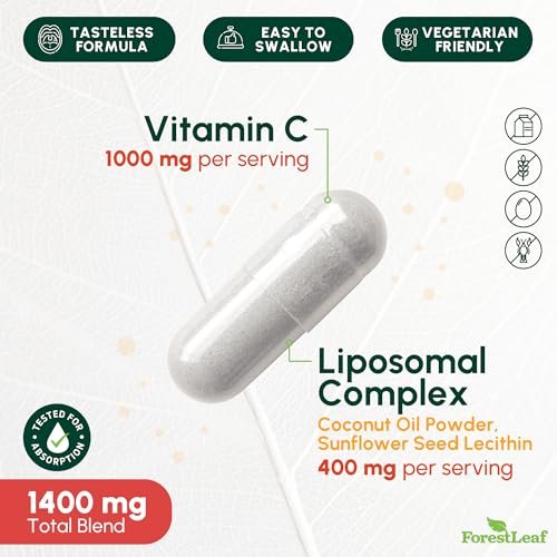 ForestLeaf Liposomales Vitamin C 1400mg Kapseln - Hochdosiertes Vitamin C mit Kokosöl-Fettsäuren für schnelle Aufnahme - Unterstützt Immunsystem, Antioxidans, Kollagenproduktion - 120 vegane Kapseln