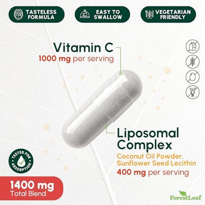 ForestLeaf Liposomales Vitamin C 1400mg Kapseln - Hochdosiertes Vitamin C mit Kokosöl-Fettsäuren für schnelle Aufnahme - Unterstützt Immunsystem, Antioxidans, Kollagenproduktion - 120 vegane Kapseln