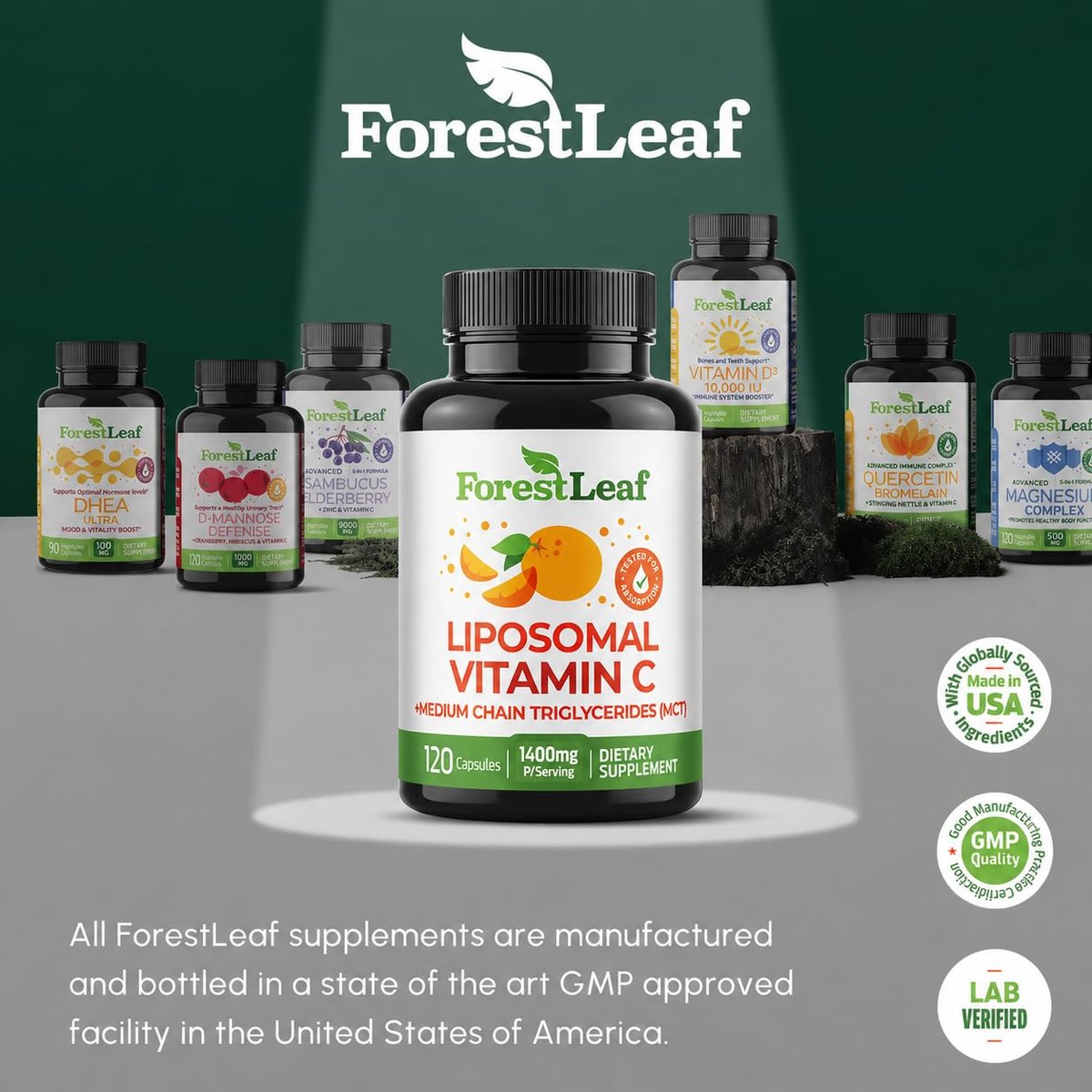 ForestLeaf Liposomales Vitamin C 1400mg Kapseln - Hochdosiertes Vitamin C mit Kokosöl-Fettsäuren für schnelle Aufnahme - Unterstützt Immunsystem, Antioxidans, Kollagenproduktion - 120 vegane Kapseln