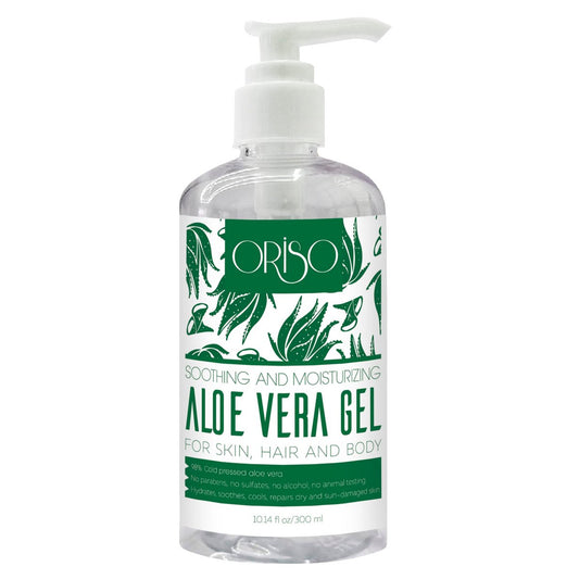 ORISO Aloe Vera Gel mit kaltgepresster Aloe Vera – reine Sonnenbrandlinderung, Insektenstiche, kleine Schnitte – feuchtigkeitsspendende Lotion für Gesicht, Haare und Körper – 300 ml