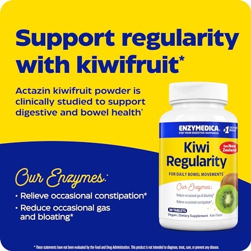 Enzymedica Kiwi Regularity – Ballaststoffpräparat für Männer & Frauen, Unterstützung bei gelegentlicher Verstopfung, reduziert Blähungen und Völlegefühl, tägliche Verdauungs- und Darmgesundheit für Erwachsene – 30 Kautabletten