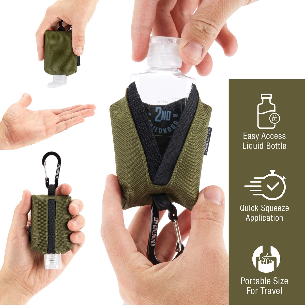 2nd Childhood Handdesinfektionsmittel Schlüsselanhänger – Nachfüllbare 60 ml Flasche mit Clip-On Halter – Tragbare Desinfektionsmittelbox für Handtasche, Rucksack, Sporttasche (Oliv)