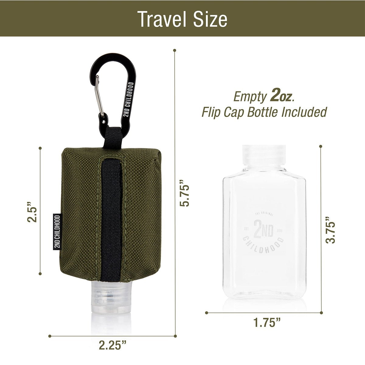 2nd Childhood Handdesinfektionsmittel Schlüsselanhänger – Nachfüllbare 60 ml Flasche mit Clip-On Halter – Tragbare Desinfektionsmittelbox für Handtasche, Rucksack, Sporttasche (Oliv)