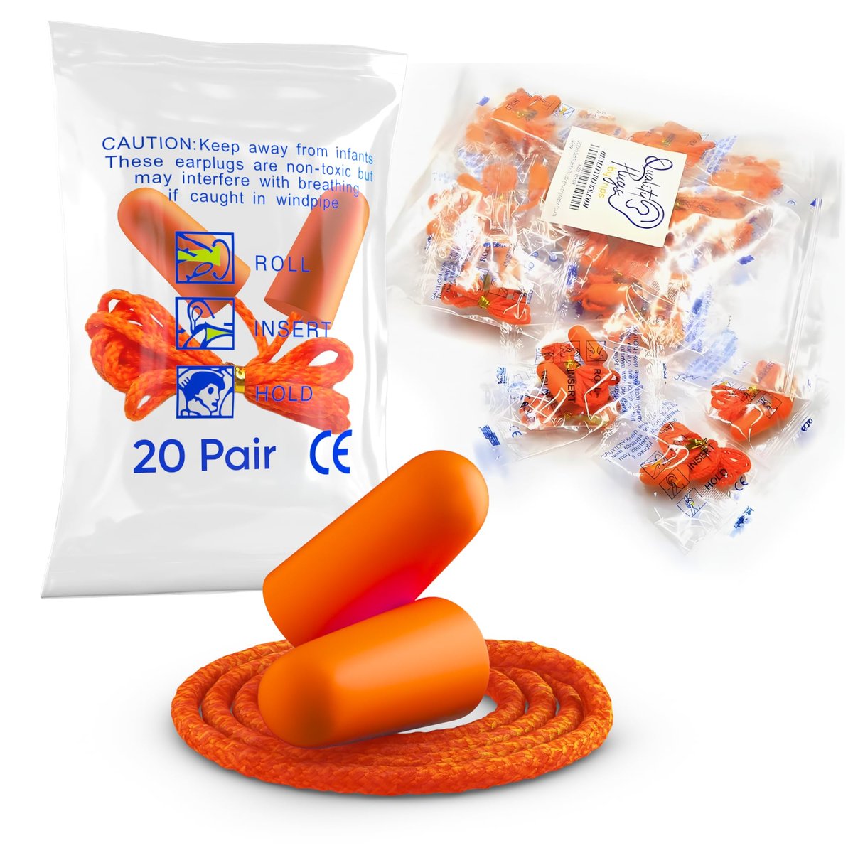 Schaumstoff-Ohrstöpsel mit Kordel – 20 Paar, weich & bequem, Einweg-Ohrstöpsel einzeln verpackt, Geräuschdämmung bis zu 32 dB – Ideal für Schlafen, Bauarbeiten, Schießsport